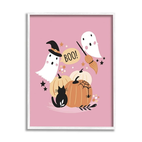 Pink Boo Halloween Ghosts Holiday Graphic Art White Framed Art Print Wall Art