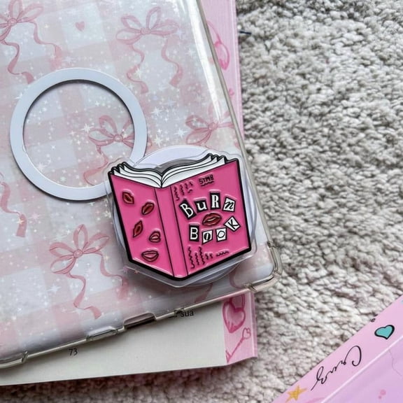Pink Book Lover Phone Grip with Cute Lips Illustration, Aesthetic Reading Girl Style Grip Stand for Smartphone, Soft Feminine Bookish Accessory, Gift for Readers and Bookworms