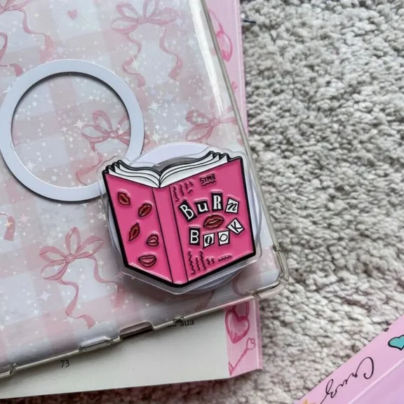 Pink Book Lover Phone Grip with Cute Lips Illustration, Aesthetic Reading Girl Style Grip Stand for