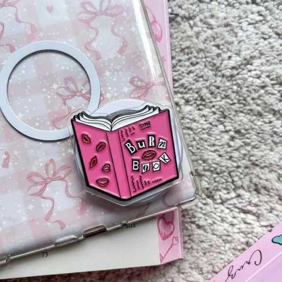 Pink Book Lover Phone Grip with Cute Lips Illustration, Aesthetic Reading Girl Style Grip Stand for