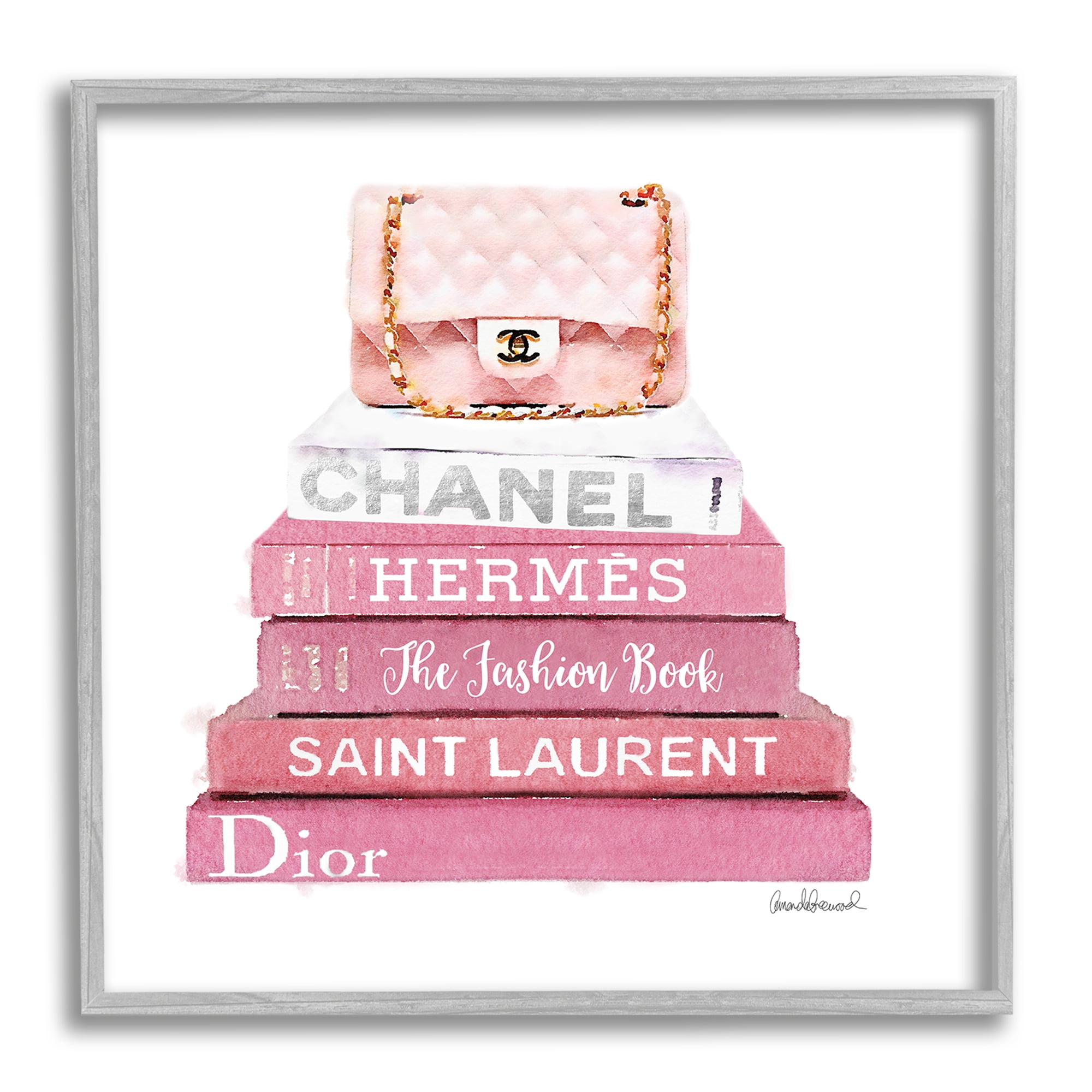 Pink Book Stack Fashion Handbag 12 in x 12 in Framed Painting Art Prints, by Stupell Home Décor