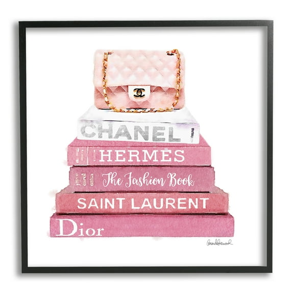 Pink Book Stack Fashion Handbag Framed Giclee Texturized Art, 12 x 1.5 x 12