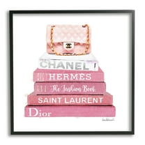 Pink Book Stack Fashion Handbag Framed Giclee Texturized Art, 12 x 1.5 x 12