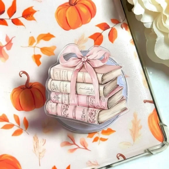 Pink Book Stack Phone Grip, Coquette Reader Aesthetic , MagSafe Compatible Grip Stand, Cute Book Lover Holder for iPhone Android E-reader Gift