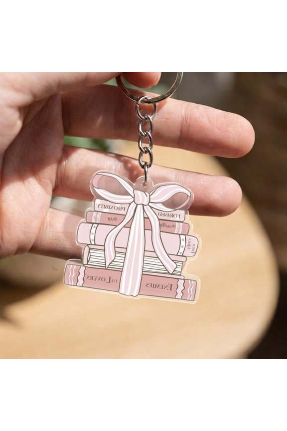 Pink Bookish Acrylic Keychain, Cute Ribbon Book Stack Keyring, Coquette Aesthetic Reader Bag Charm, Bibliophile Gift, Gift for Her