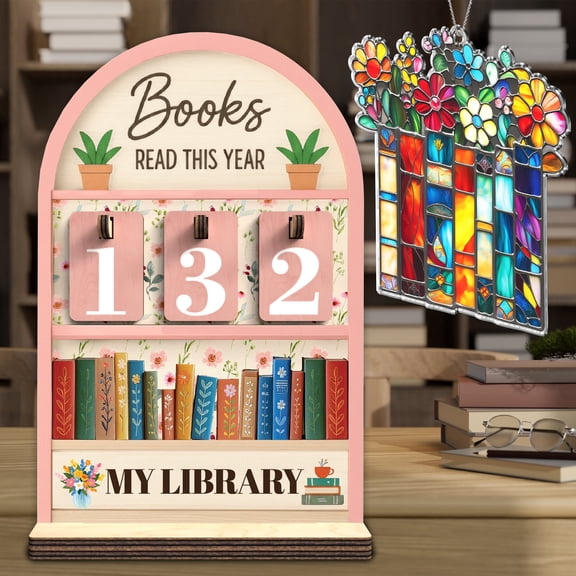 Pink Books Read This Year Counter, Reading Tracker Sign for Home Library Decor, Book Suncatcher Ornament, Book Lover Gift for Librarian, Reader, Teacher, Women, Floral Bookshelf Accessories FF812