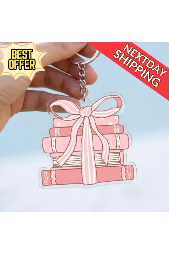 Pink Books with Bow Keychain Kawaii Acrylic Keychain, Book Lover Gift, Pastel Book Stack Keyring, Perfect Accessory for Readers and Teens