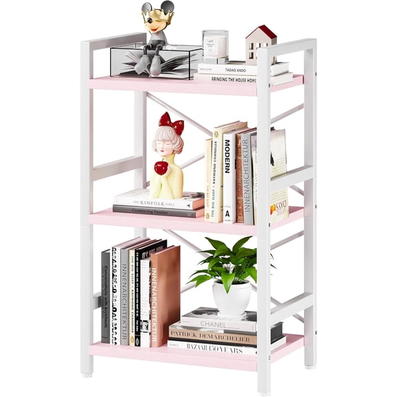 Pink Bookshelf, 3 Tier Industrial Bookcase, Metal Small Bookcase, Rustic Etagere Book Shelf Storage Organizer for Living Room, Bedroom, and Home Office(Pink)