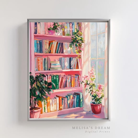 Pink Bookshelf Wall Art Cottagecore Botanical Library Decor, Stretched Canvas 8x10in
