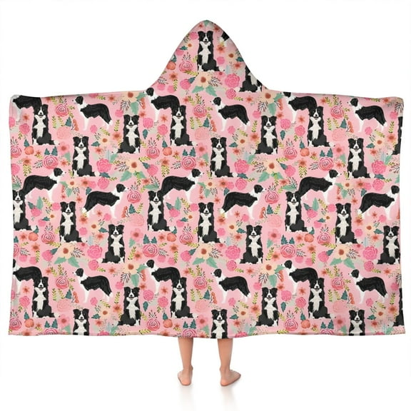 Pink Border Collie Dog and Flower Floral Hooded Bath Towel，50"x30" for Ages 3 To 12 Kids, Quick Dry Lightweight Soft Microfiber Hood Beach Towel Cover Up for Kids