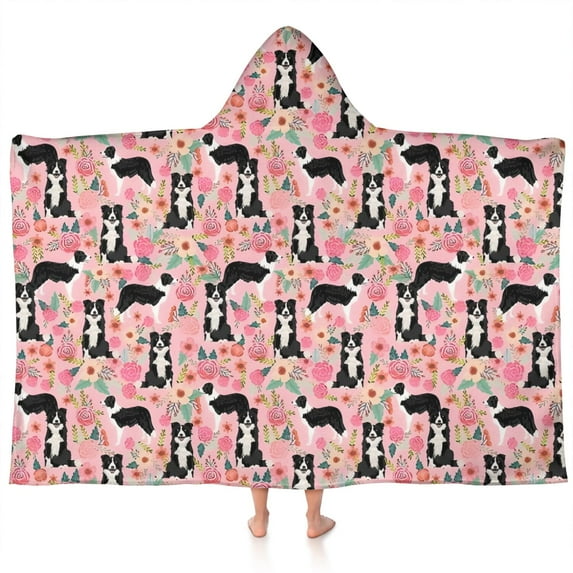 Pink Border Collie Dog and Flower Floral Hooded Bath Towel,60"x35" for Ages 3 To 12 Kids, Quick Dry Lightweight Soft Microfiber Hood Beach Towel Cover Up for Kids