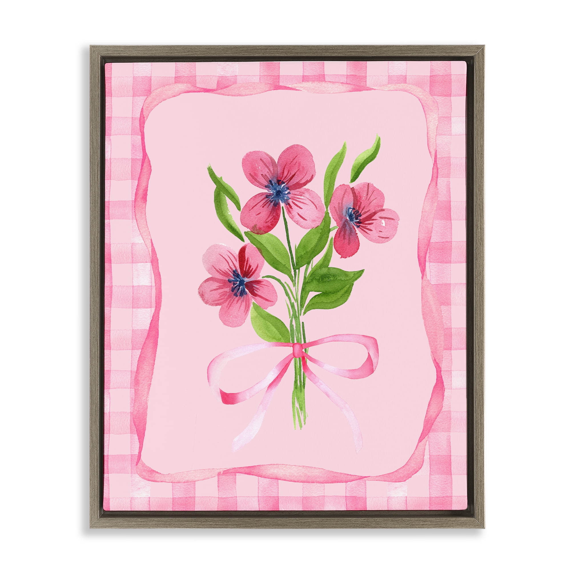 Pink Bordered Flower Bundle Brown Framed Floater Canvas Wall Art, design by Nina Jacobs
