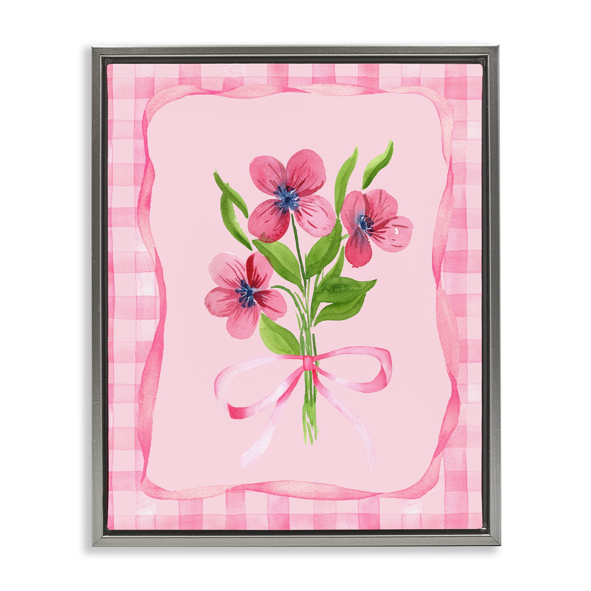Pink Bordered Flower Bundle Gray Framed Floater Canvas Wall Art, design by Nina Jacobs
