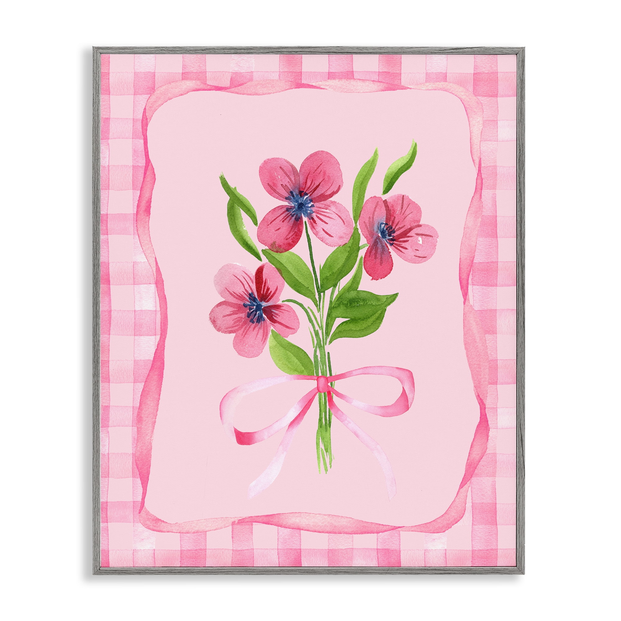 Pink Bordered Flower Bundle Gray Framed Giclee Art, design by Nina Jacobs
