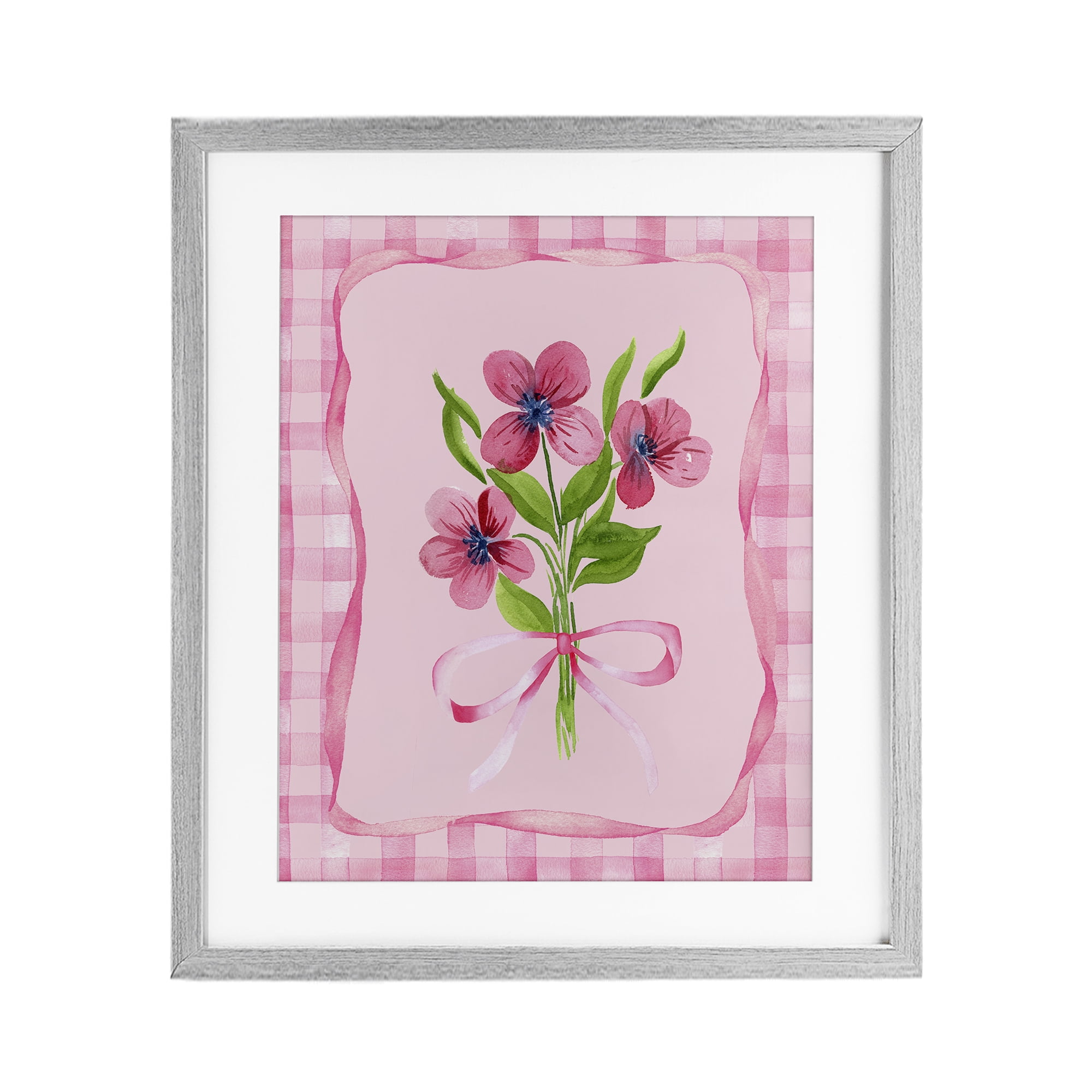 Pink Bordered Flower Bundle Gray Framed Print Under Glass, design by Nina Jacobs