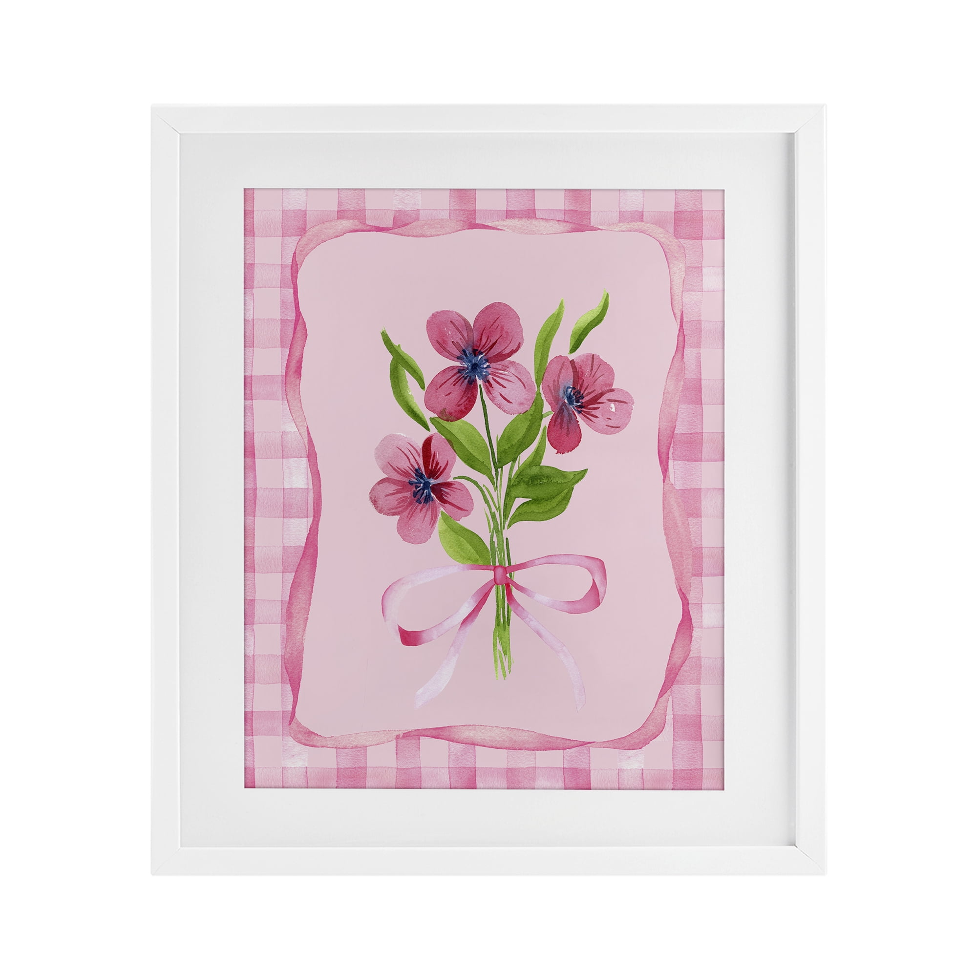 Pink Bordered Flower Bundle White Framed Print Under Glass, design by Nina Jacobs