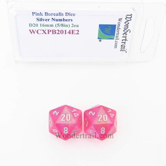 Pink Borealis Dice with Silver Numbers D20 Aprox 16mm (5/8in) Pack of 2