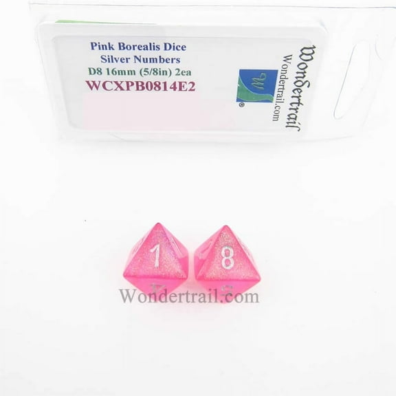 Pink Borealis Dice with Silver Numbers D8 Aprox 16mm (5/8in) Pack of 2 Wondertrail