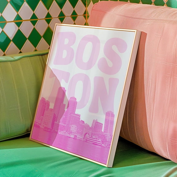 Pink Boston Print Retro Boston Travel Print Boston Skyline Artwork Girly Boston Wall Decor Boston Massachusetts Home Decor #470, Stretched Canvas Size 16x24