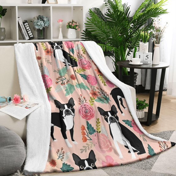 Pink Boston Terrier and Flower Blanket,Comfortable Soft Flannel Throw Blanket,All Season,Warm Lightweight Blankets for Sofa Bed Couch Living Room Chair,50"x60"(130x150cm)