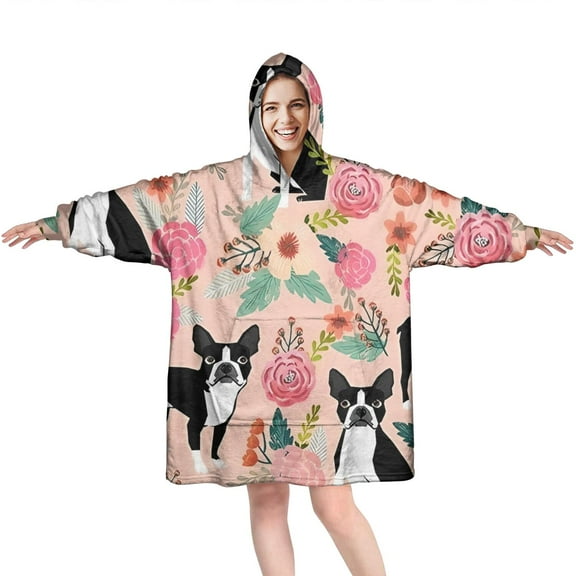 Pink Boston Terrier and Flower Wearable Oversized Blanket,Wearable Blanket Hoodie for Adults,Cozy Hooded Blankets with Super Pockets,Super Warm Fuzzy Pullover for Women & Men
