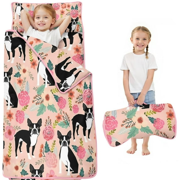 Pink Boston Terrier and Flower Toddler Nap Mats for Kids Preschool,Sleeping Mat Bag or Kids,Toddler Sleeping Bag,Toddler Nap Mat or Daycare