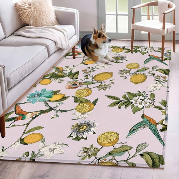 Pink Botanical 3'x5' Washable Rug, Spring Floral Summer Lemon Birds Non-Slip Area Rugs for Entryway Kitchen Classroom, StainResistant Dorm Throw Carpet, Low Pile Soft Indoor Floor Mat