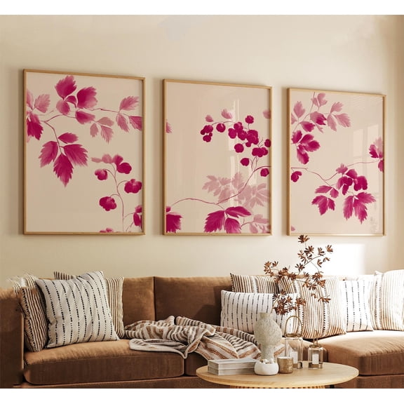 Pink Botanical Leaf Minimal Floral Wall Art Soft Blush Set 3 Stretched Canvas 8x12