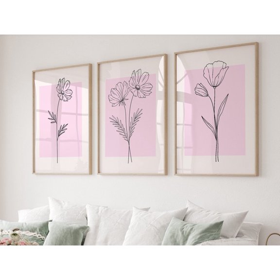 Pink Botanical Line Art Print Minimalist Flower Wall Decor Set 3 Unframed Paper Print 16x24