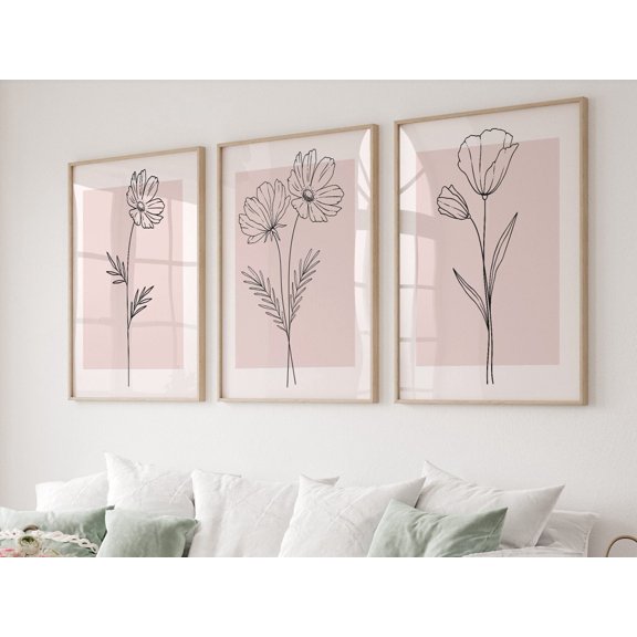 Pink Botanical Line Art Print Set 3 Unframed Paper Print 12x18