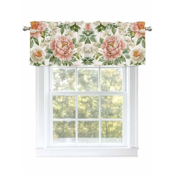 Pink Botanical Peony Curtain Valances for Windows, Spring Farmhouse Floral Kitchen Valance Window Treatment, Light Filtering Block Curtains for Bathroom/Bedroom/Living Room 42'' x 18''
