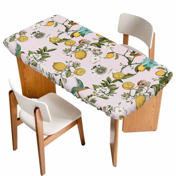 Pink Botanical Table Cloths for 4 Foot Rectangle Tables, Spring Floral Summer Lemon Birds Patio Waterproof Elastic Fitted Tablecloths, Washable Rectangular Table Cover for Camping