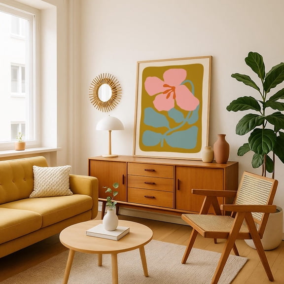 Pink Botanical Wall Art Print, Retro Modern Flower Print For Midcentury Interior Decor, Vintage Style Home Accent Artwork Home Decor #3984, Unframed Canvas Size 8x12