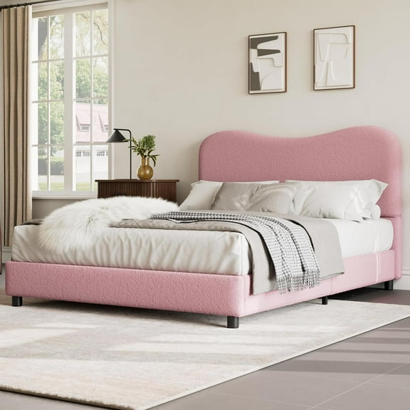 Pink Boucle Bed Frame with Upholstered Headboard, Soft Low Profile Sturdy Platform Bed with Rounded Corners Design, Heavy Duty, Wooden Slats, Noise Free, No Box Spring Needed, Queen Size