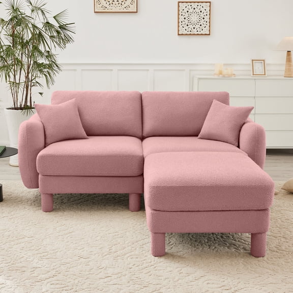 Pink Boucle Fabric Loveseat Sofa with Shell-Shaped Armrests and Removable Ottoman, Modern 2-Seater Couch for Living Room or Office