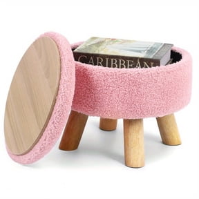 Pink Boucle Round Ottoman with Storage - Teddy Velvet Footrest Stool with Wooden Legs for Living Room, Bedroom & Entryway