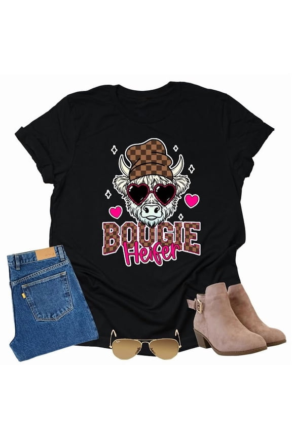 Pink Bouger Heifer Fashion Shirt, Winter Cow with Glass and Scarf T-Shirt, Unisex Casual Short Sleeve (Black-3X-Large)