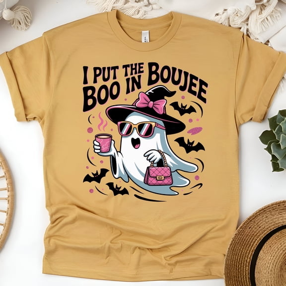 Pink Boujee Ghost T-Shirt | I Put the Boo in Boujee Cute Halloween Graphic Tee, Gold, Size XL