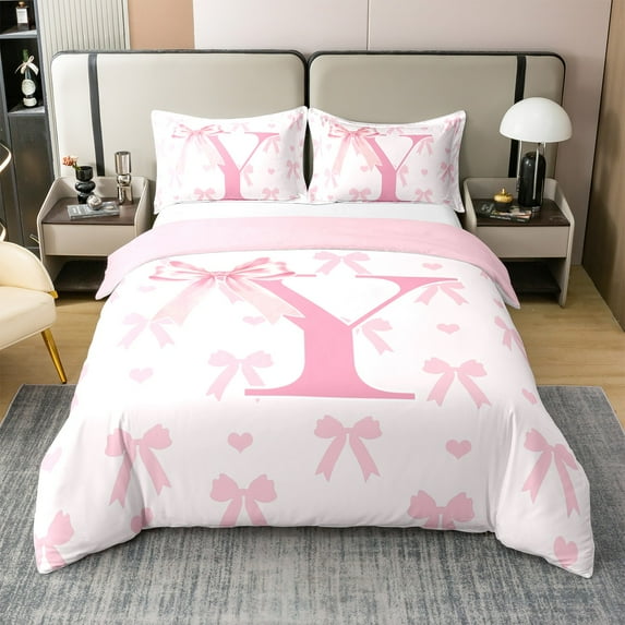 Pink Bow 100% Cotton Duvet Cover Set,Princess Style Bowknot Love Hearts Girly Fairy Bedding Set(No Comfoter),Initial Letter Y Chic Romantic Quilt Cover Set,3 Pcs King Size