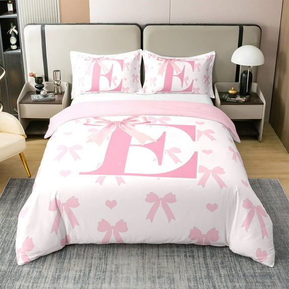 Pink Bow 100% Cotton Duvet Cover Twin,Princess Style Bowknot Love Hearts Girly Fairy Soft Quilt Cover ,Initial Letter E Chic Romantic Bedding Set 2 Pcs(No Comforter)