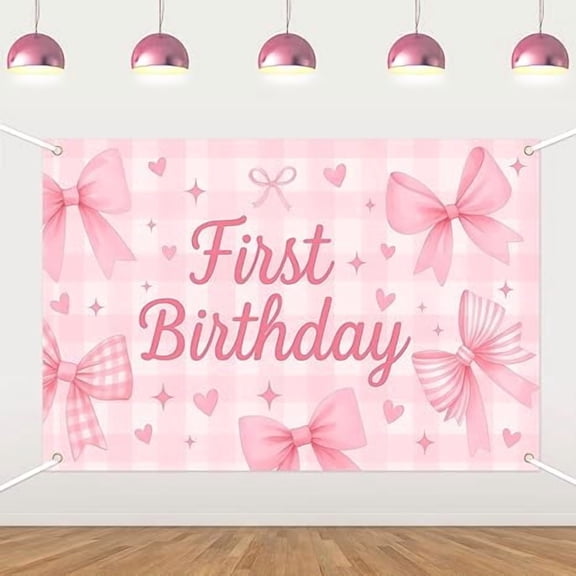 Pink Bow 1st Birthday Backdrop  Happy First Birthday Photography Background Cloth, Girls Birthday Party Decorations Photo Booth Props Supplies