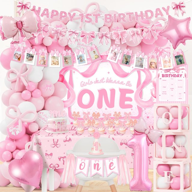 Halloween Girls 1st Birthday Decorations - First Boo Day Birthday Balloons Garland Arch Kit Pink And Purple For One Year Old Girl - Highchair Banner, Cake Topper Birthday Party Supplies