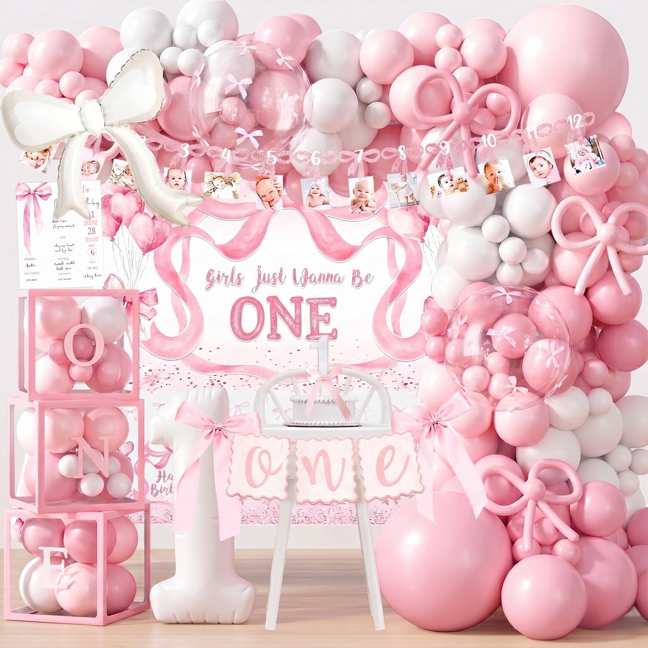 EMPIRE PARTY Supply Pink Bow 1st Birthday Decorations for Girl, Pink White Balloon Arch Kit, Backdrop, High Chair Banner, 166 Pieces