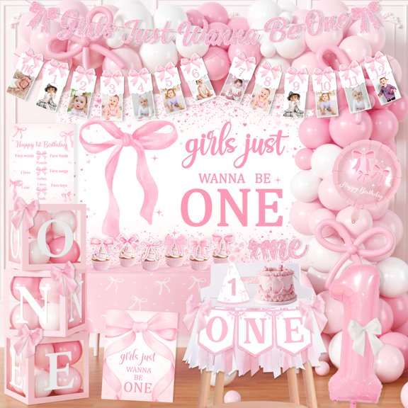 Pink Bow 1st Birthday Decorations, Girls Just Wanna Birthday Decorations Kit Include Pink White Balloon Arch,Backdrop,Banner,Balloon Boxes,High Chair Banner,Bow Tablecloth,Bow Cupcake Toppers Y102