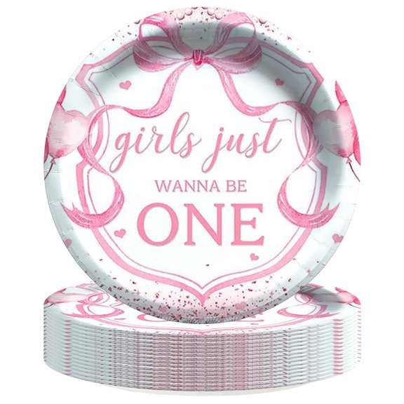 Pink Bow 1st First One Paper Plates Birthday Party Supplies Decorations 16pcs Tableware Disposable Dinnerware