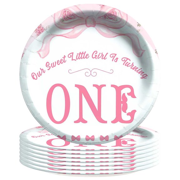 Pink Bow 1st First One Paper Plates Birthday Party Supplies Decorations 8pcs Tableware Disposable Dinnerware