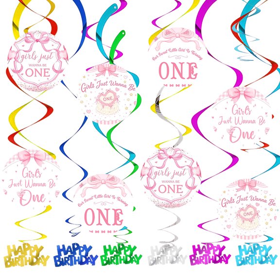 Pink Bow 1st First One Party Decorations Hanging Swirl Sign Whirls Birthday Streamer Ceiling Decor Supplies 14 pcs