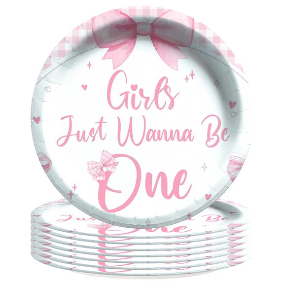 Pink Bow 1st First One Plates Birthday Decorations Party Supplies Tableware Disposable Dinnerware 8pcs