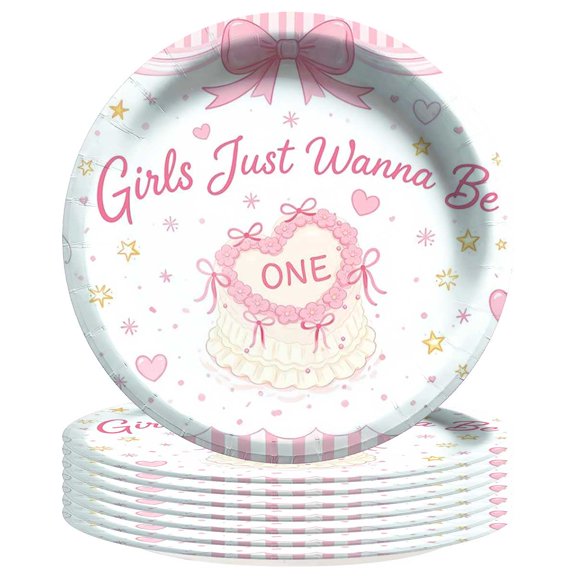 Pink Bow 1st First One Plates Party Supplies Birthday Decorations Tableware Disposable Dinnerware 8pcs
