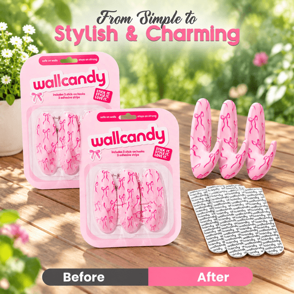 Pink Bow 2 Pack Adhesive Wall Hanging Hooks, Heavy Duty Sticky Strips Hold Up To 3lbs